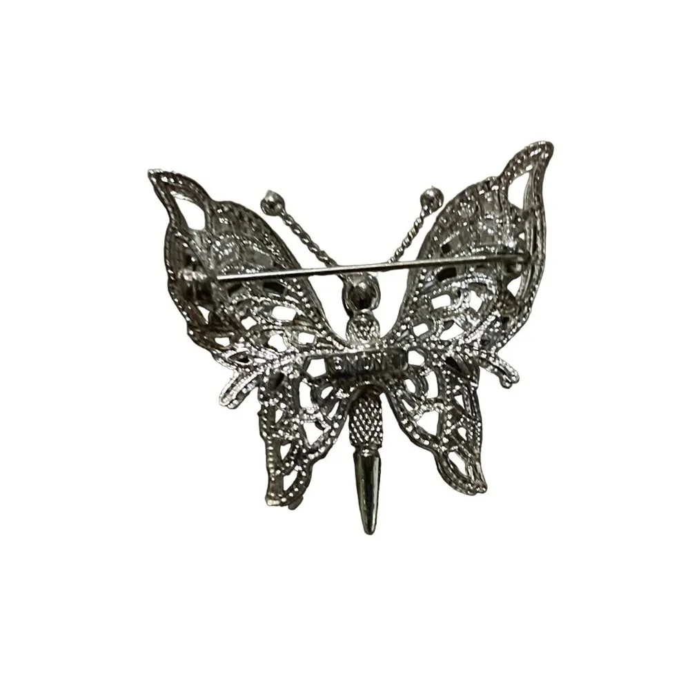 MONET Butterfly Brooch Filigree Vintage 1980s Silver Tone Metal Pin